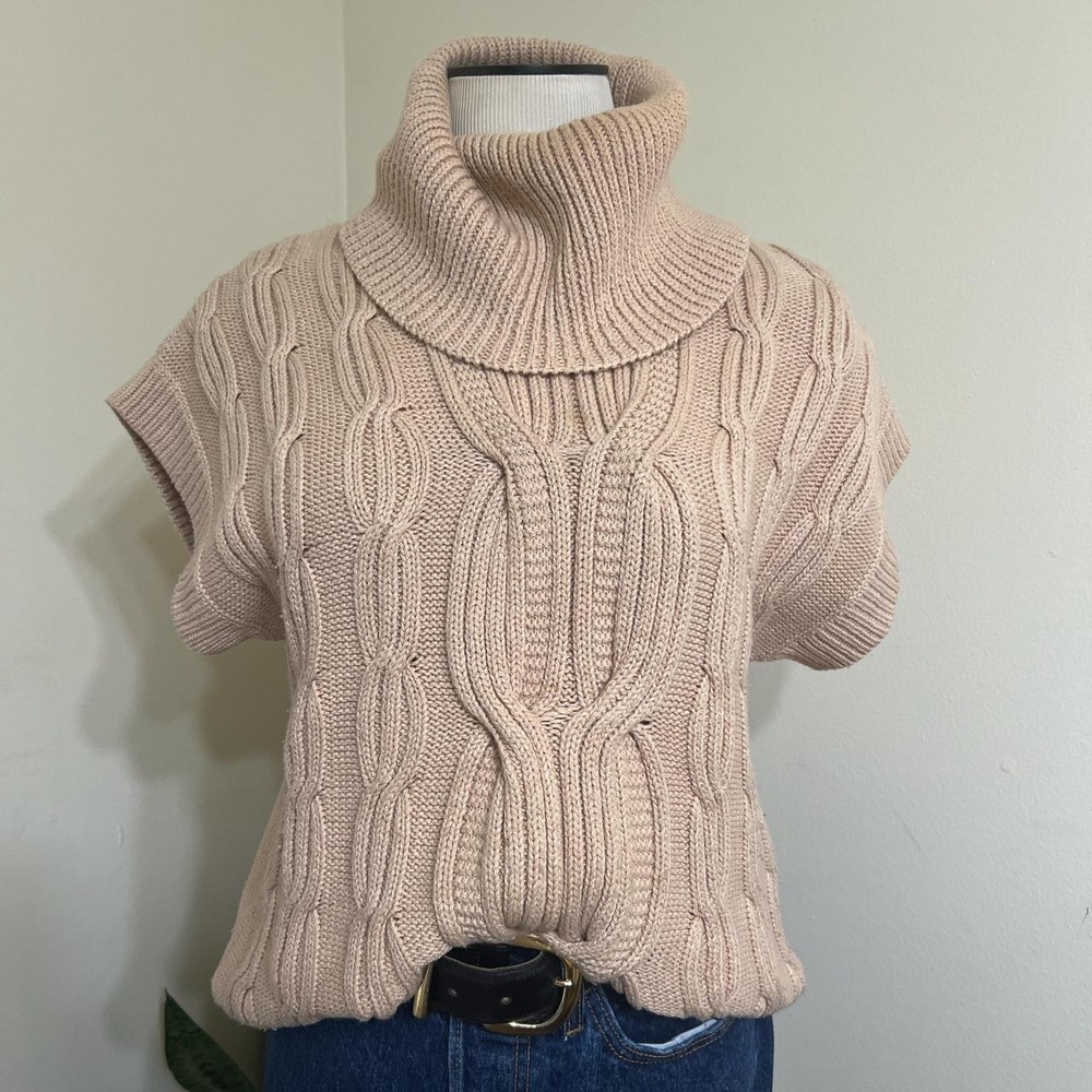 Talbots Light Tan Cable Knit Cowlneck Vest with Cap Sleeves Size Small